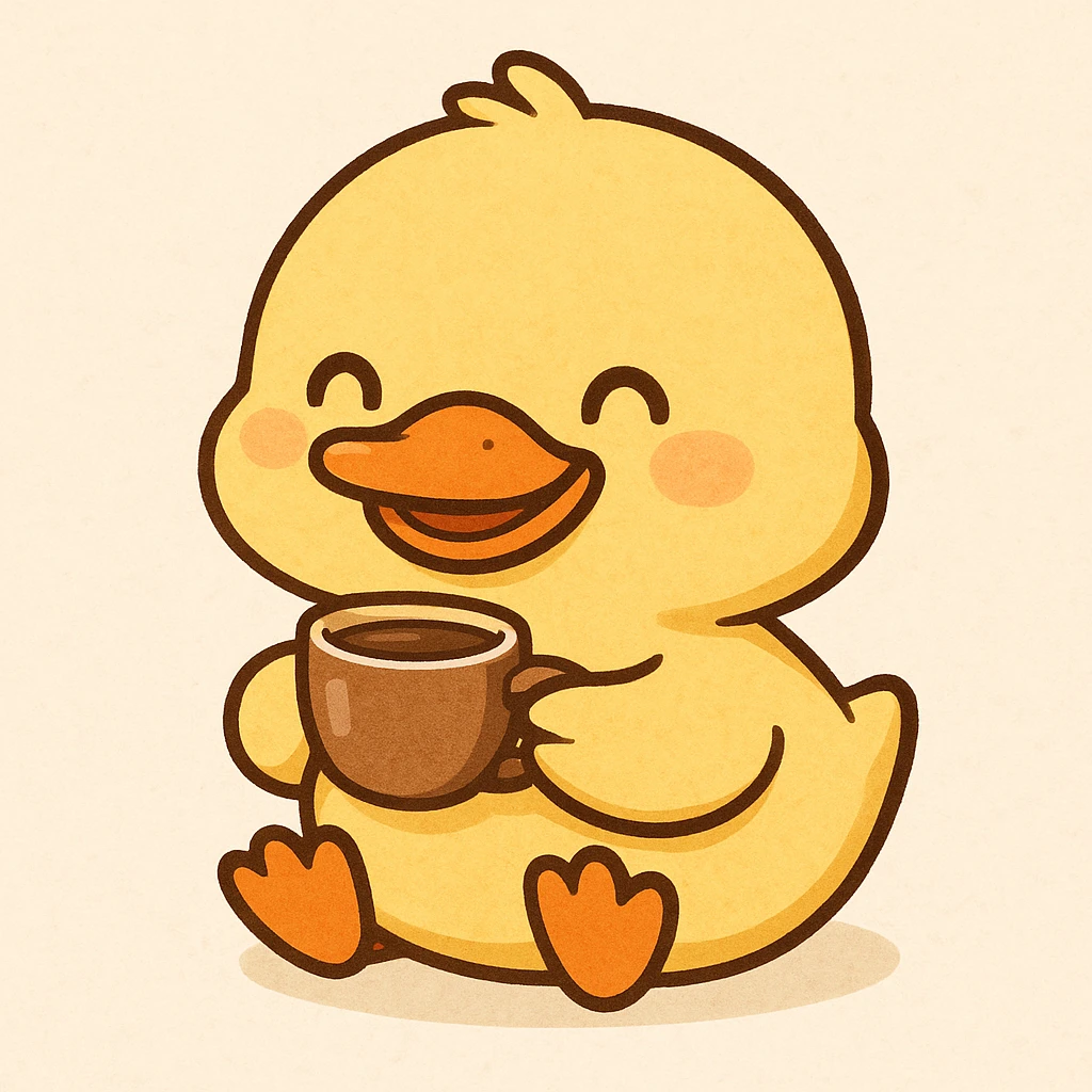 cute duck holding a small cup and drinking coffee, smiling expression emoji