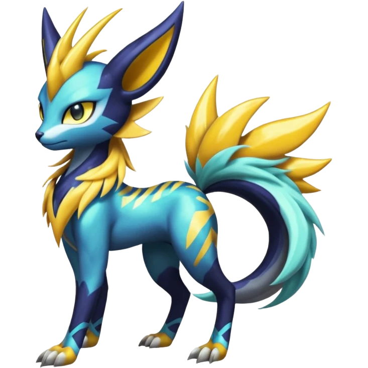 Shiny colorful exotic Feral Scaly Striking Slaying Badass Evil Handsome Lightning-patterned Zig-zagged buzzy fuzzy Meloetta-Renamon-Luxray-Cobalion-Suicune-Vernid-fusion-hybrid-creature, full body  emoji