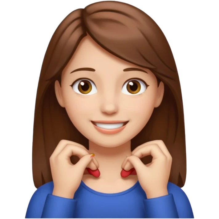 A girl with brown hair holding her neck while smiling  emoji