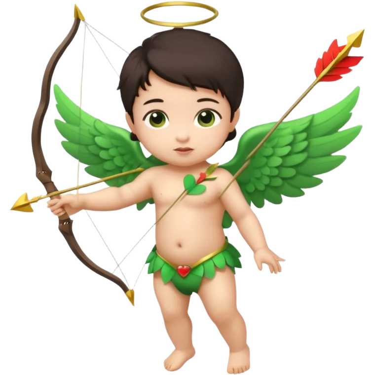 cupid asian baby flying full body with wings with brown eyes and dark hair handled bow and arrow directed to green emoji heart emoji