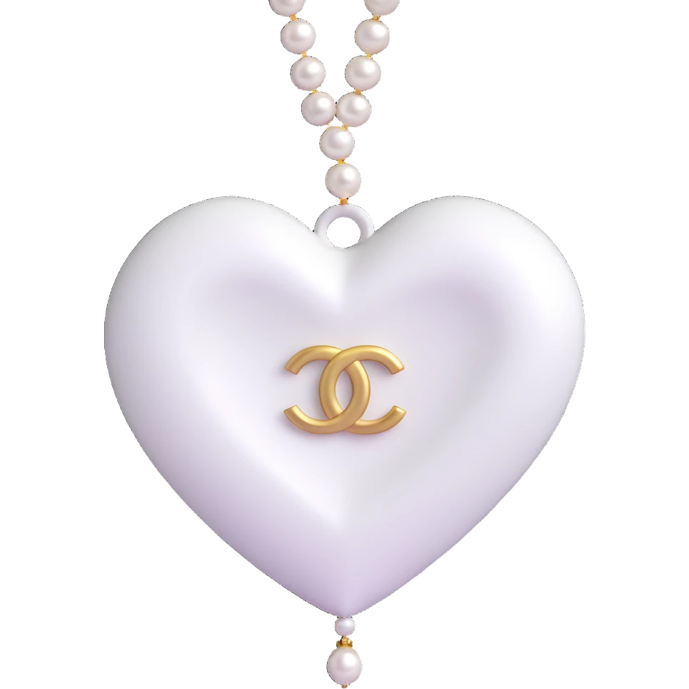 Add a string of pearls around the heart, keep the white Chanel logo, elegant, glossy, black and white, 3D emoji style, with no background emoji