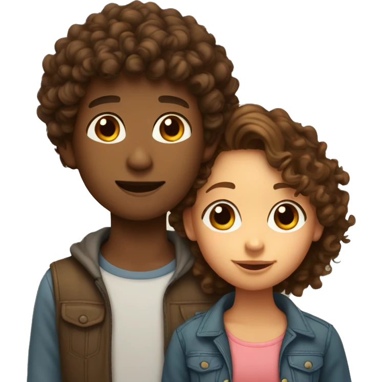 Brown boy with curly brown hair kissing light brown girl with curly brown hair  emoji