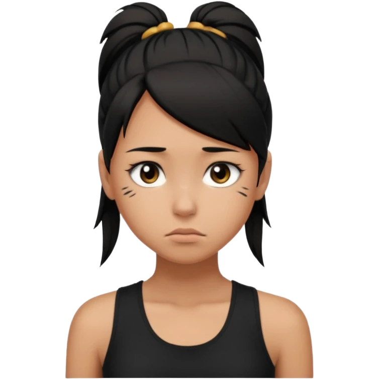 a tan girl with a black ponytail, black tank top, . Looking sad emoji