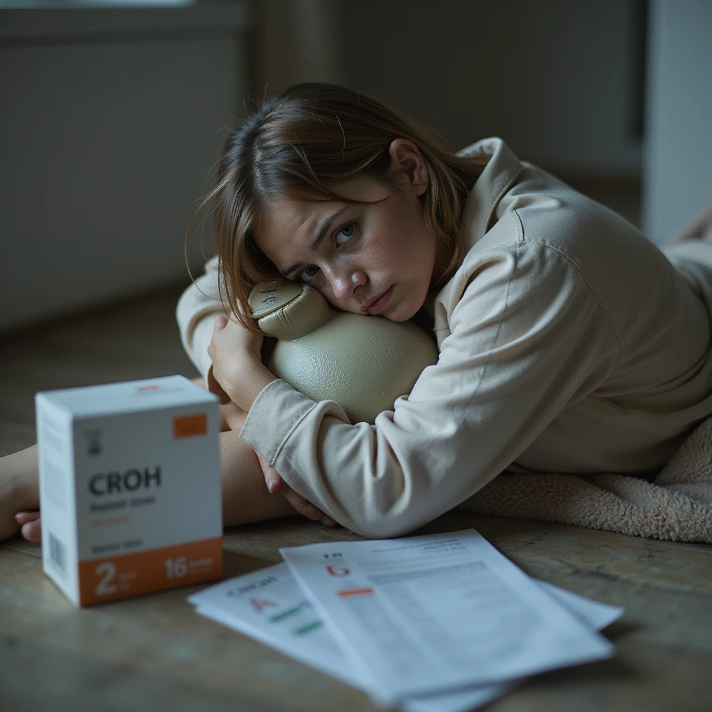 hyperrealistic 4K image of a woman in pajamas, curled up on the bathroom floor, hugging a hot water bottle, medical reports with 'Crohn' and biologic drug box next to her, pale skin and tired eyes emoji