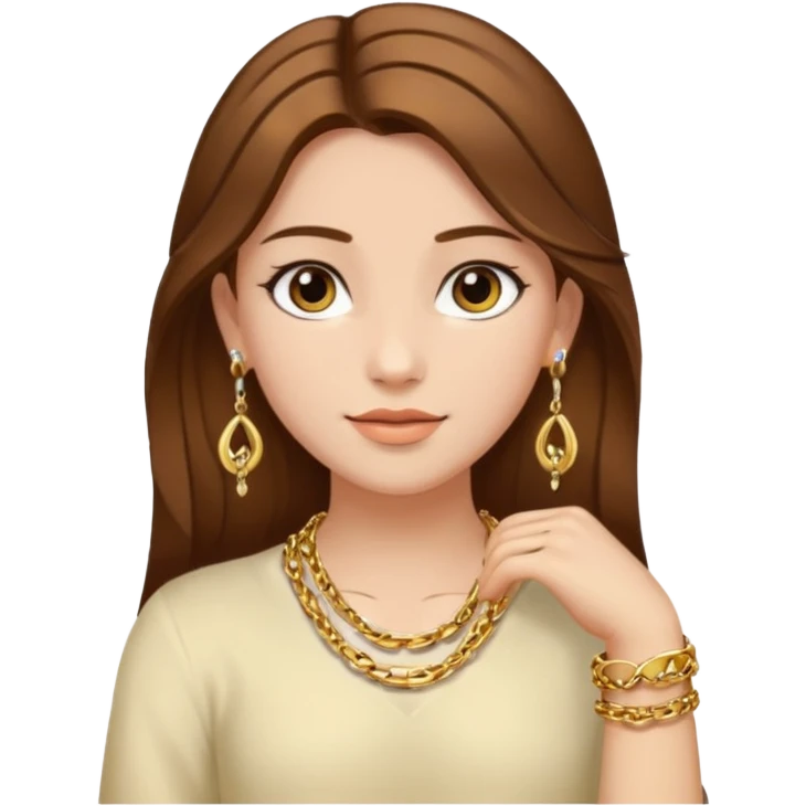 Una chica de pelo castaño con Brazalete en un brazo, cadena y caravanas todo dorado emoji