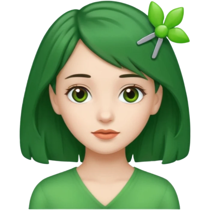 brunette girl with green color hairclip emoji