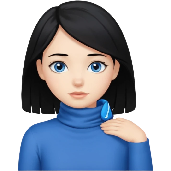 Girl with black hair thats about shoulder lenght with blue eyes covering their neck emoji