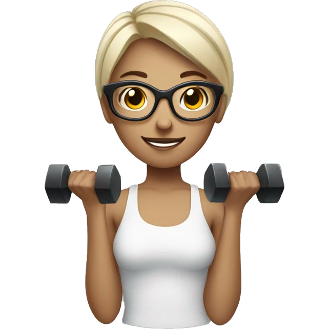 White Sports Girl with short hair glasses holding dumbbell emoji