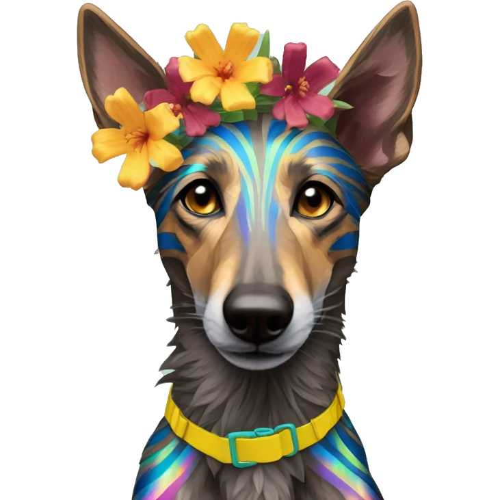  brindle brown black maroon striped lurcher Alsatian fox running blue eyes and iridescent holographic oilslick harness wearing paper iridescent tropical flower crown yellow caution tape emoji