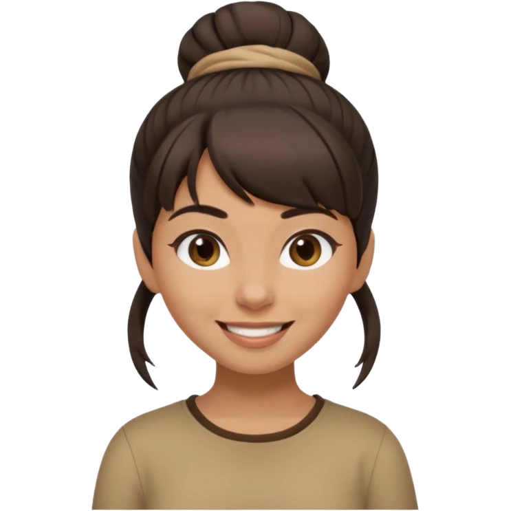 In Apple Memoji format, a girl with dark brown hair. She has bangs and her hair is in a singular high bun. The girl is arab and has light brown skin. She is wearing a brown shirt. She is smiling but is not showing her teeth.  emoji