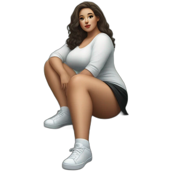 hyperrealistic-full-body-caucasian-curvy-beauty-sitting on the ground-small black-skirt-white knickers white socks emoji