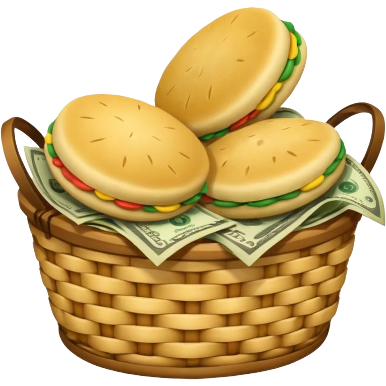baskets, some overflowing with money, others with colombian arepas emoji