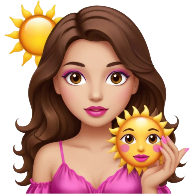 girl with long wavy brown hair, brown eyes, long lashes makeup, sexy pink lips, light to medium complexion, wearing a pink sexy silk top, holding the sun icon  emoji