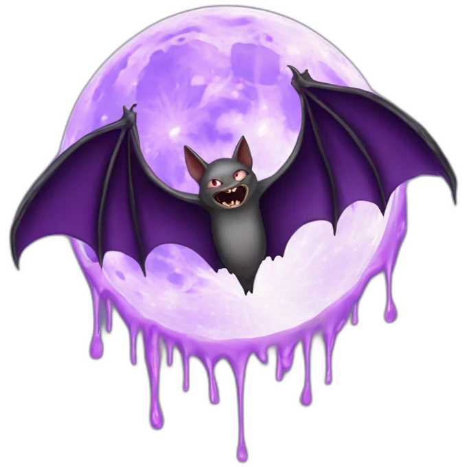 realistic full moon dripping purple behind with vampire bat wings flying in front emoji