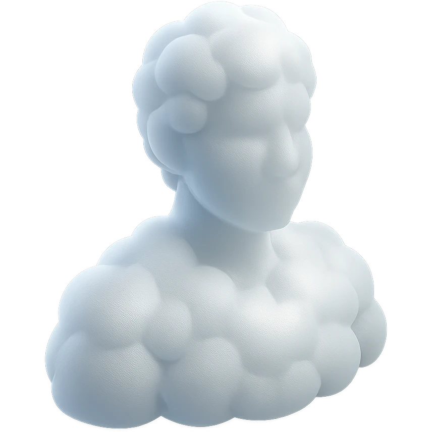 person made entirely of white fluffy convex clouds, shoulder up, front view, matte glass style, no background emoji