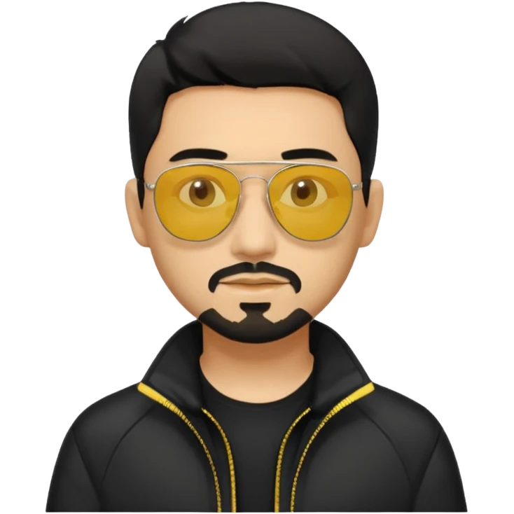 A man with middle part haircut black hair sunglasses with yellowish glasses And black jacket. Goatee short black beard emoji