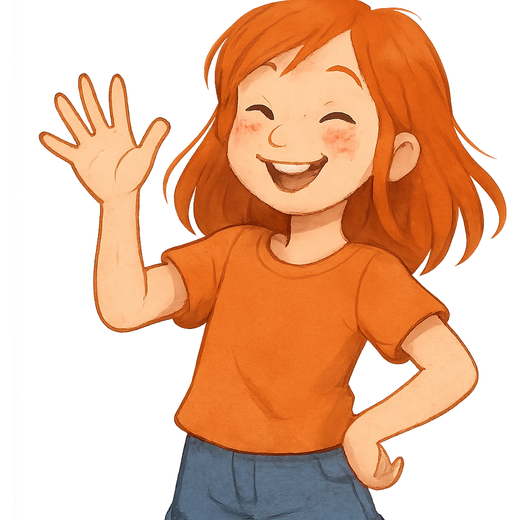 red-haired girl in a playful pose, smiling and waving emoji