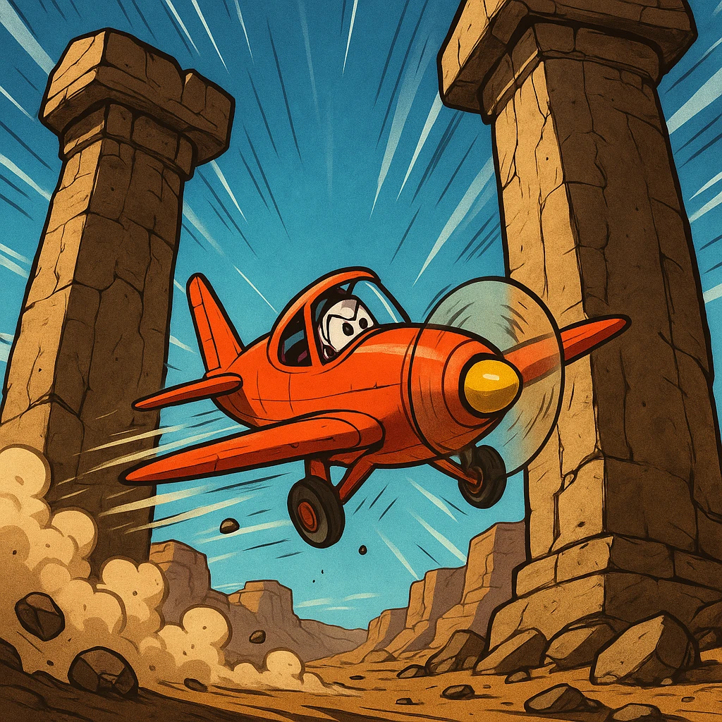 a cartoon plane zooming toward two massive stone pillars, action-packed emoji