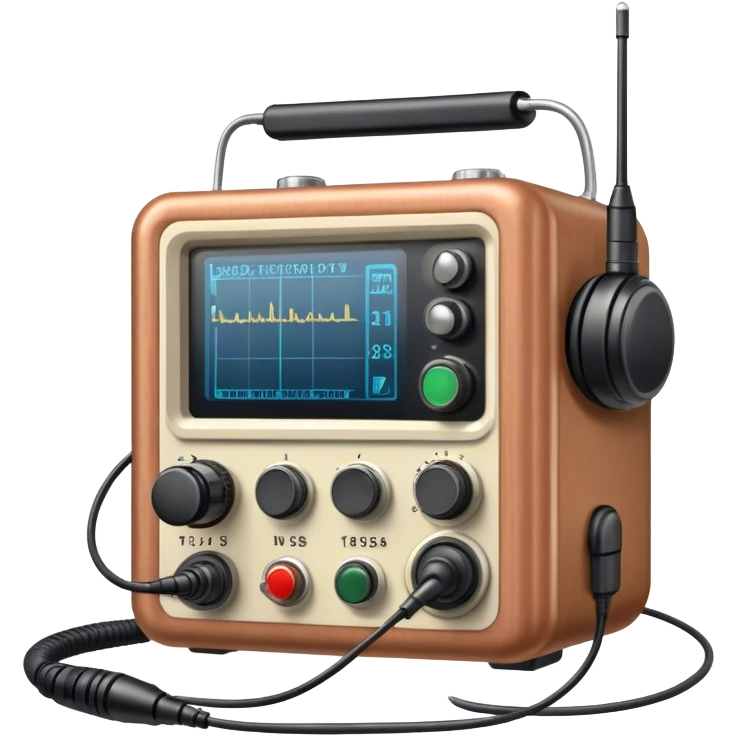 A photorealistic icon featuring a ham radio transceiver, headphones, microphone, antenna, and radio equipment like soldering tools and cables. The design includes detailed textures and realistic lighting, symbolizing the passion for amateur radio and communication. Transparent background. emoji