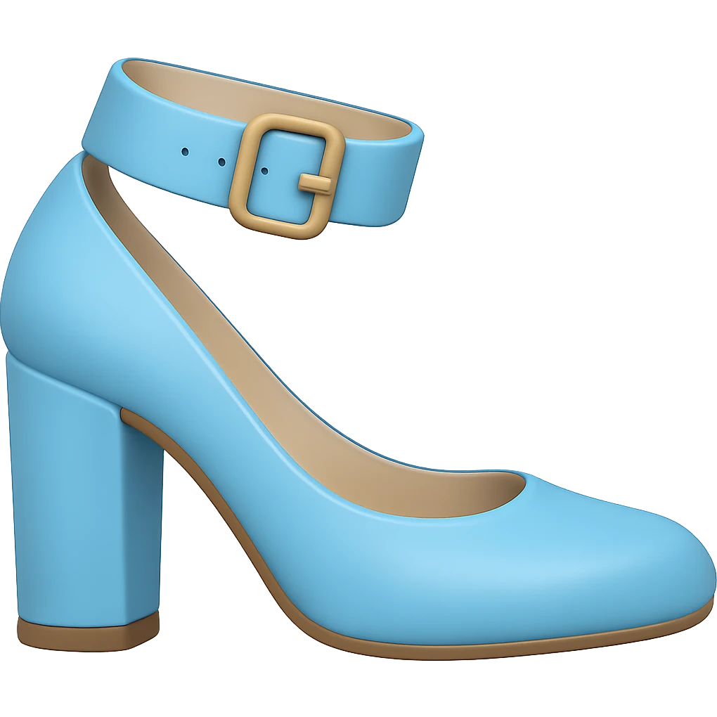 Edit the image to depict a light blue high heel shoe with a slightly flatter and very thick heel in the style of Apple emojis. The background should be transparent. emoji