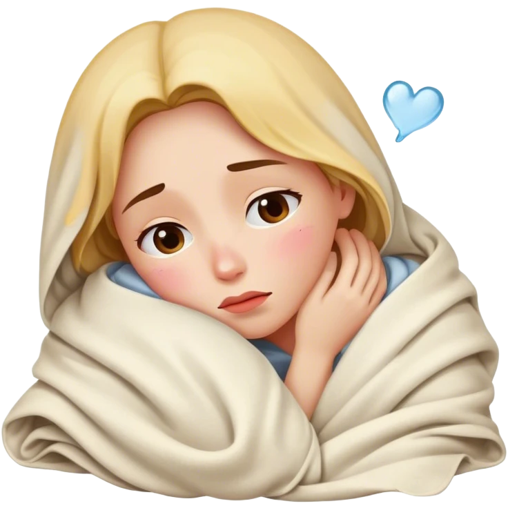 A woman wrapped in a blanket, hugging a pillow, tears on her cheeks, a broken heart floating above her head. emoji