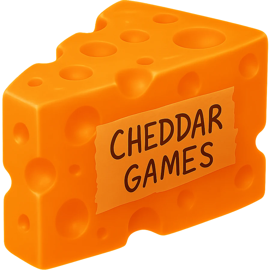 Add an orange glow coming off the cheese block. Keep everything else the same, including the 'CHEDDAR GAMES' tape. The style should remain consistent with the original image, which has no background. emoji
