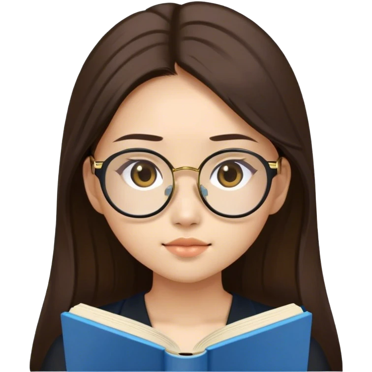 pretty asian girl reading a blue book black top gold glasses long brown hair emoji