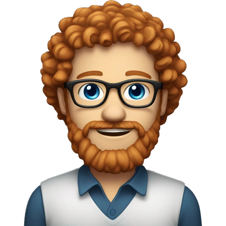 35 year old, male, curly red hair, pale, thick beard, blue eyes, white glasses, black shirt emoji