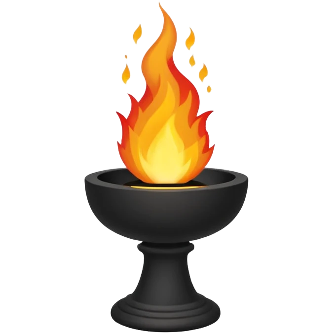 A minimalist stone pedestal with a tall rectangular base and a shallow black bowl on top, designed as a modern torch or brazier. Bright flames rise from the bowl emoji