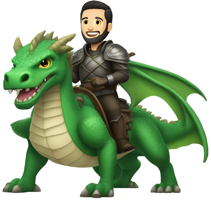 Determined armored White Man with dark brown pompadour hair and a short beard riding on the back of a giant green dragon emoji