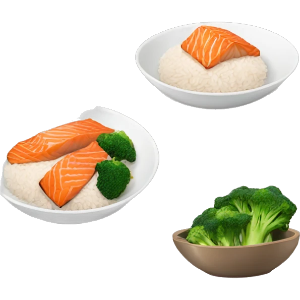 Bowl with rice, fried salmon and broccoli pieces  emoji