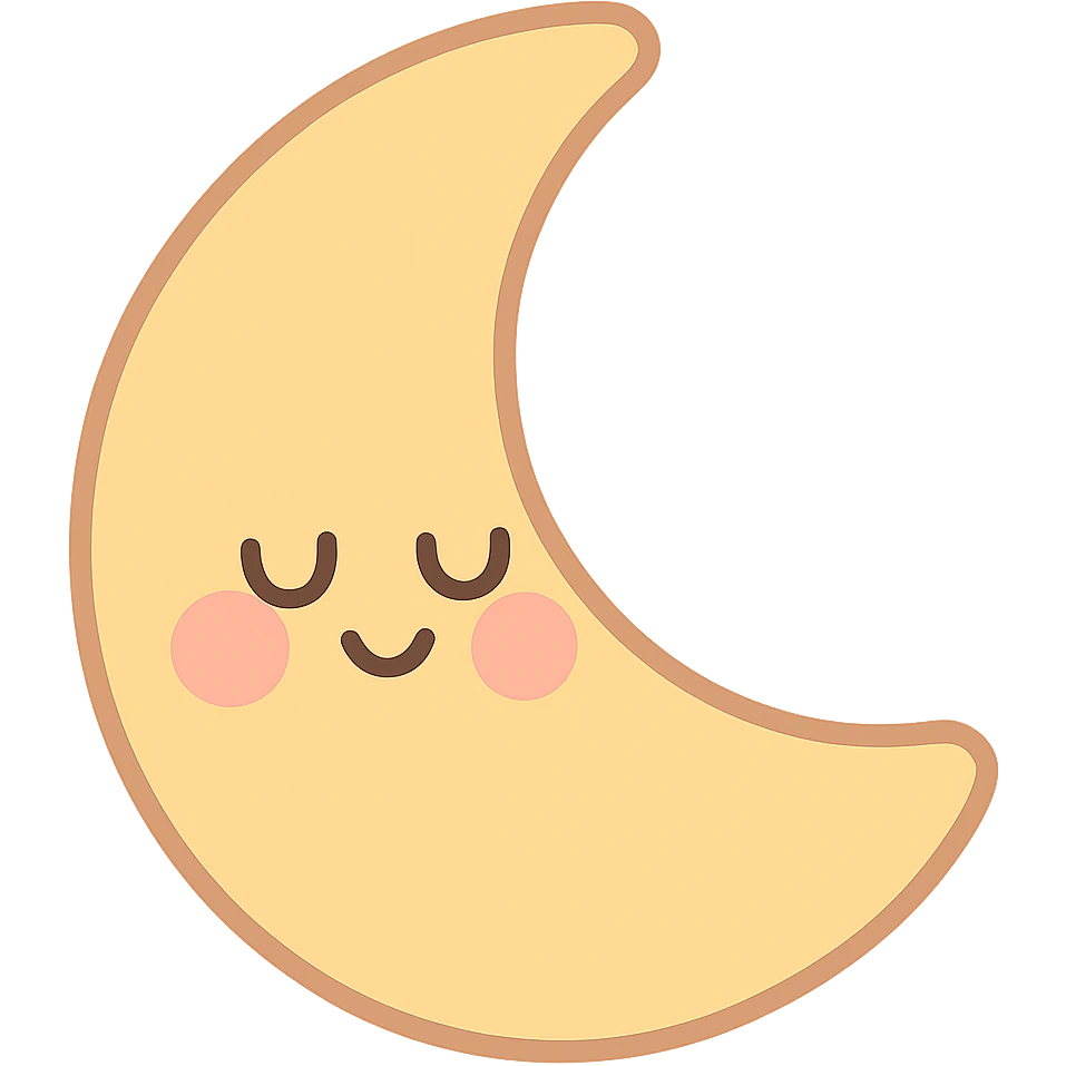 cute sleepy crescent moon, yellow, soft pastel palette, gentle smile, blushing cheeks, no arms or legs, full body, soft pastel kawaii style emoji