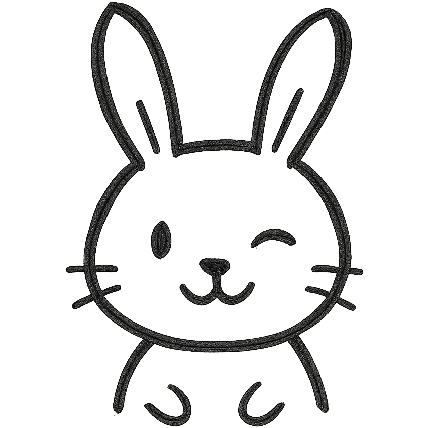 A winking bunny icon, black and white, no fill, hand drawn emoji