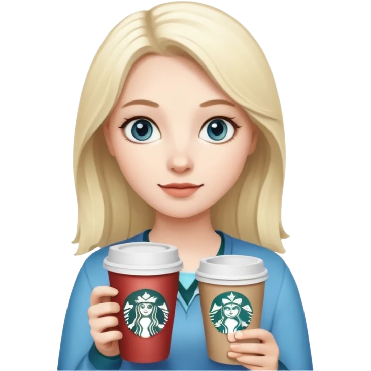 Crete an emoji as an white blonde girl with gra blue eyes holding a coffe from Starbucks  emoji