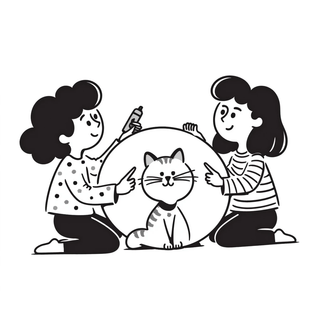 two girls and a cat drawing an emoji, hand-drawn doodle style emoji