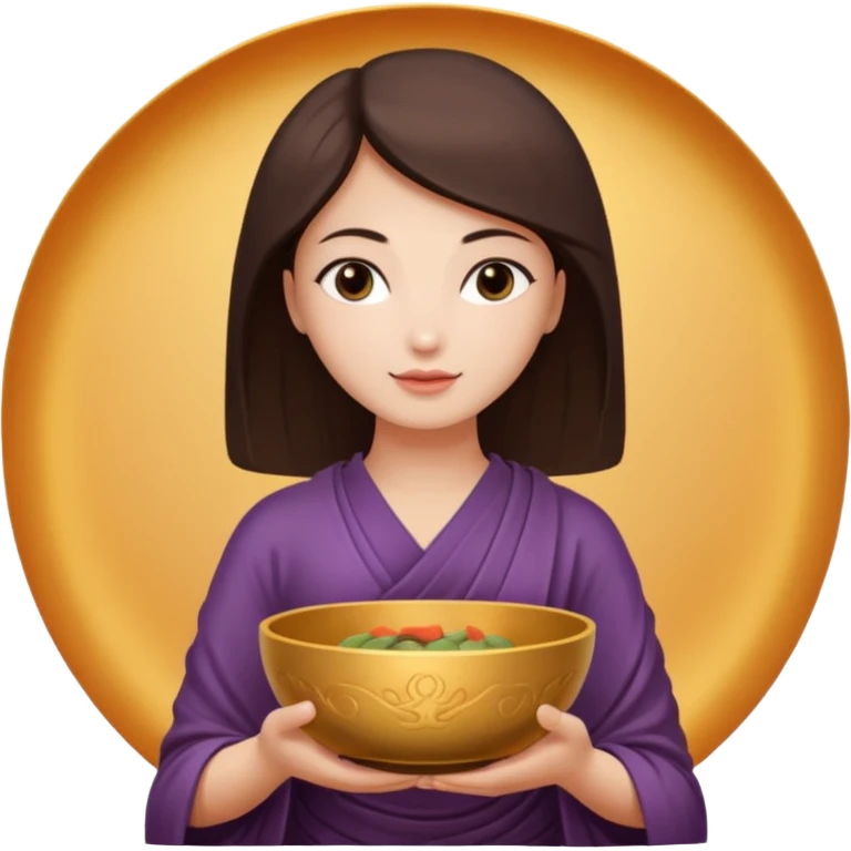 A woman  holds a Buddhist bowl in her hands. There is a glow around the girl. emoji
