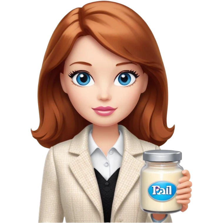 A Barbie girl with blue eyes, shoulder-length reddish-brown hair, made-up, in a white tweed jacket and black skirt, holding a jar of pale beige face cream emoji