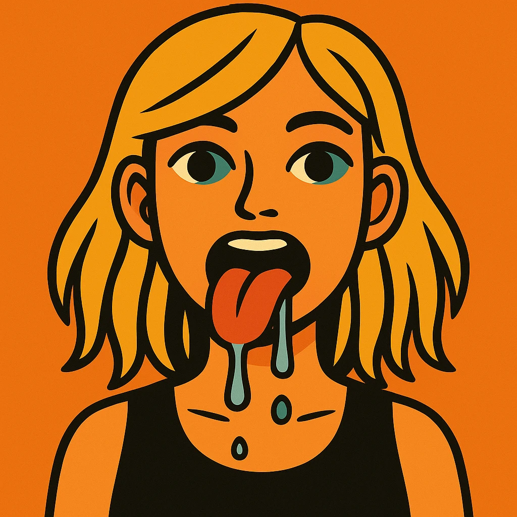 Make her hair longer, her eyes a little darker, and add more drool, keeping the vibrant toon style. emoji