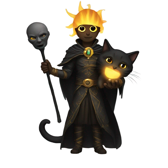 A sun warlock who is pale and is holding a black kitten emoji