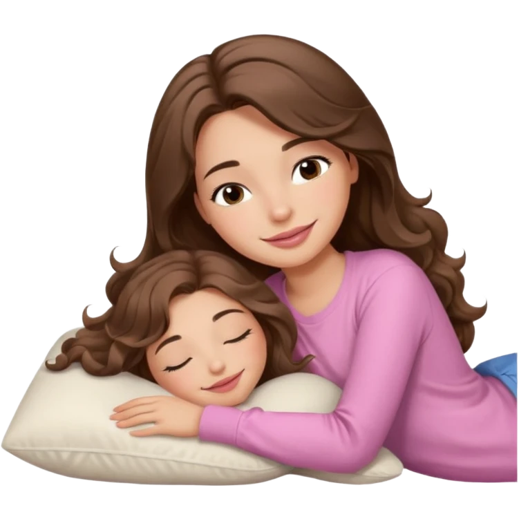 girl with wavy long brown hair, brown eyes, light to medium complexion, long lashes, light pink lipstick, smiling, wearing light pink shirt, sleeping on a cozy pillow emoji