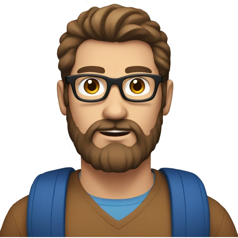 Heavy caucasian young dad, with a blue shirt, with a big brown beard and black rectangle glasses and brown hair  emoji