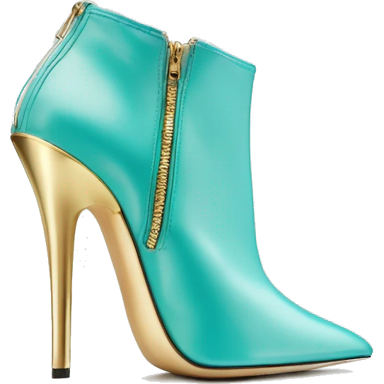 Hyper Realistic isolated top view of a pair of tiffany blue ,cream,and gold Jimmy Choo zippered Stiletto Heel ankle bootie boots. emoji