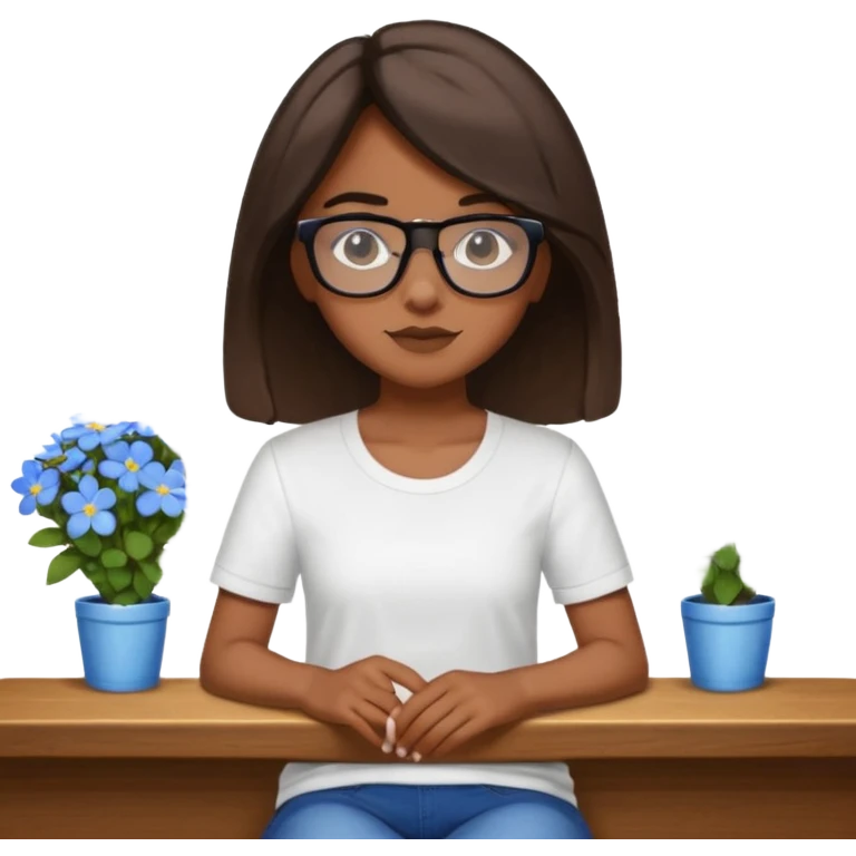 Créame una chica morena de pelo más o menos por los hombros con granitos en la cara y unas gafas negras, que esté sentado en una silla de bar con una camisa blanca con florecitas azules emoji