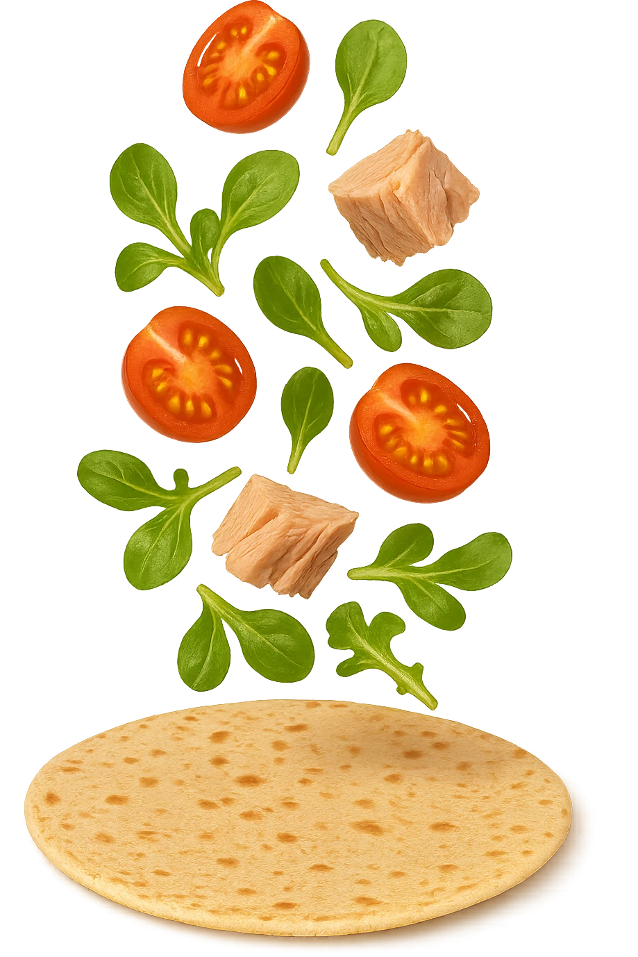 EMOJI STILE IPHONE DI con tonno, valeriana e pomodorini cadono verticalmente su una piadina, iperrealistica 4k emoji