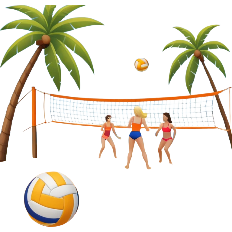 A volleyball resting on the orange sand of a beach, with a volleyball net in the background. The scene includes a beautiful beach landscape with blue sea, sky, and palm trees, while a couple of women in swimsuits play in the distance, capturing the relaxed yet competitive vibe of beach volleyball. emoji