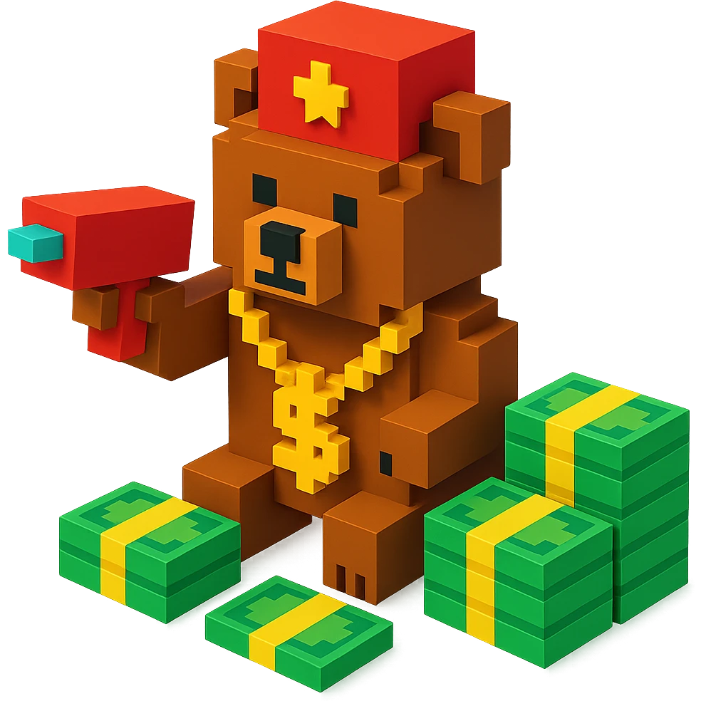 Russian grizzly bear with a rapper chain and a money gun, surrounded by stacks of money emoji