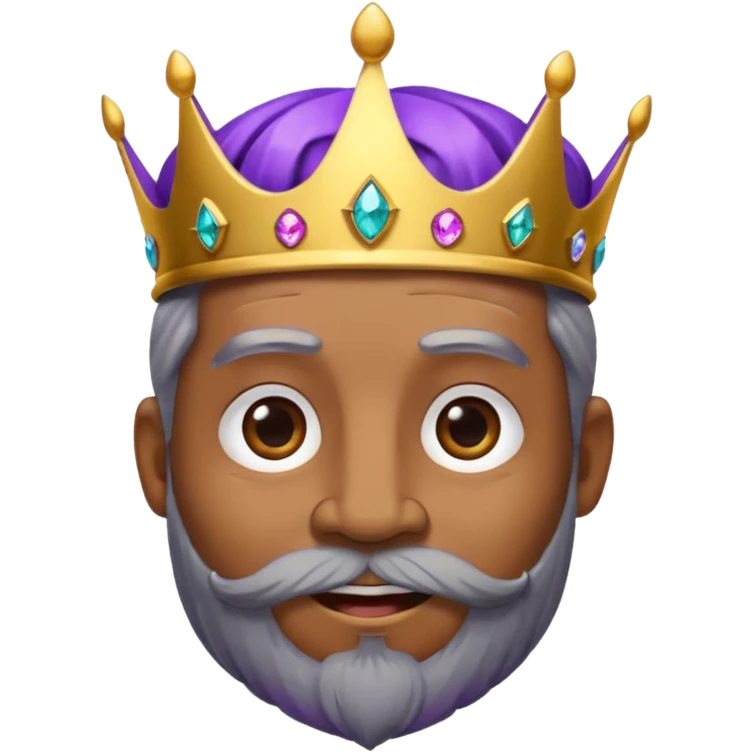 Create a cartoon-style emoji of Baltasar, one of the Three Wise Men. Only show his face and crown. He is older, with a black beard showing streaks of gray, joyful wrinkles, and a purple and gold jeweled crown. Express warmth and wisdom. Colorful and simple, suitable as an emoji. emoji