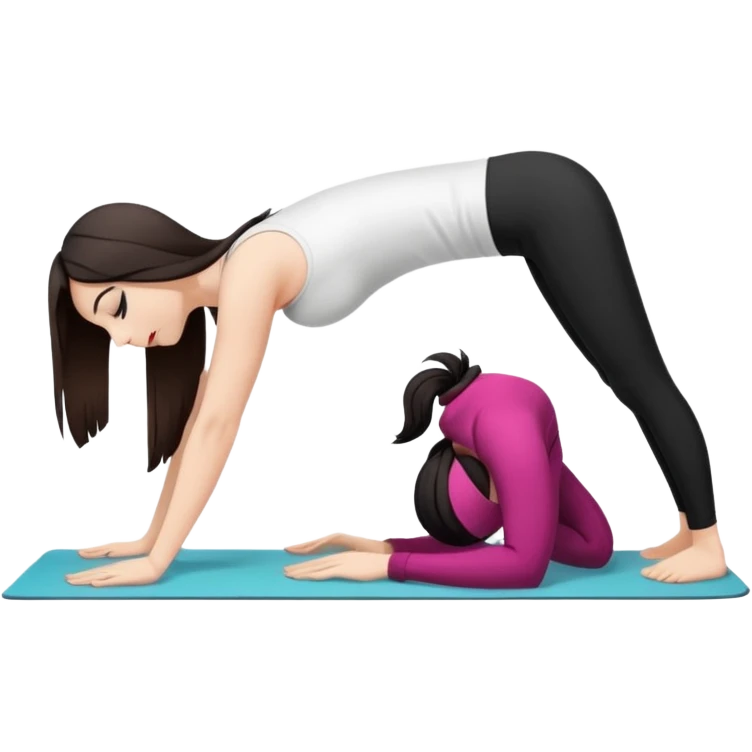 Девушка белокожая в позе собака мордой вниз, с длинными темными волосами, в белом топе, в черных лосинах, с черными ресницами emoji