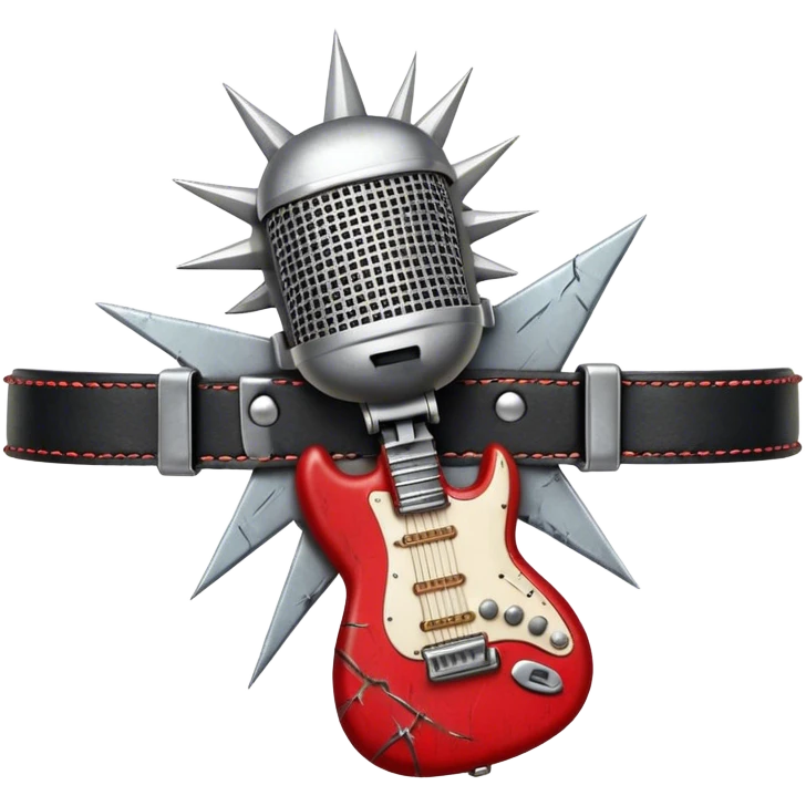 Create a powerful and dynamic humanless emoji representing rock vocals. The design should feature a classic vintage microphone with a rugged, distressed look, surrounded by elements like a guitar pick, electric guitar neck, and sound waves to reflect the raw energy of rock music. Add subtle details such as a spiked bracelet, leather textures, or bold lightning bolts to evoke the rebellious and intense spirit of rock. Use dark, edgy colors like black, red, silver, and metallic accents to emphasize the fierce, loud, and passionate nature of rock vocals. The background should be transparent. emoji