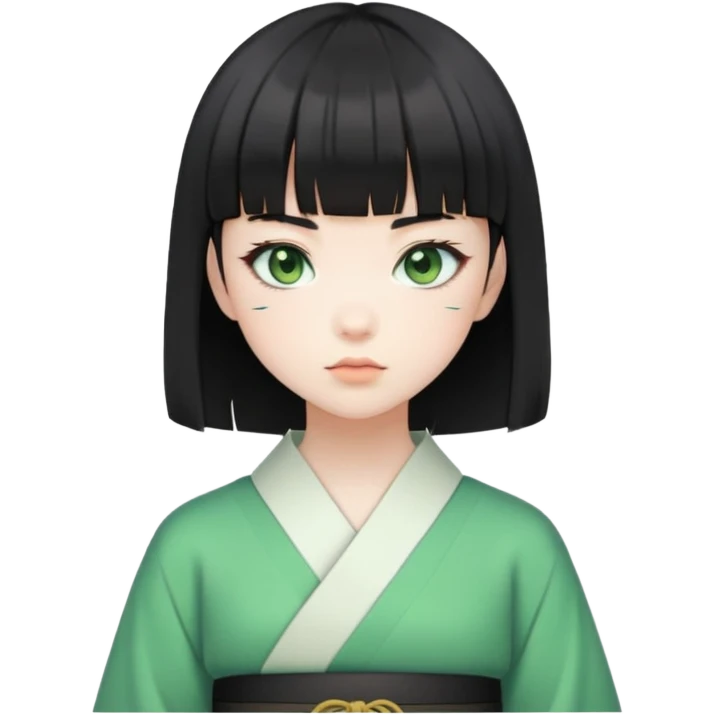 Japanese girl with short black hair and bangs, wearing a Jirai Kei outfit, green eyes, close-up face emoji